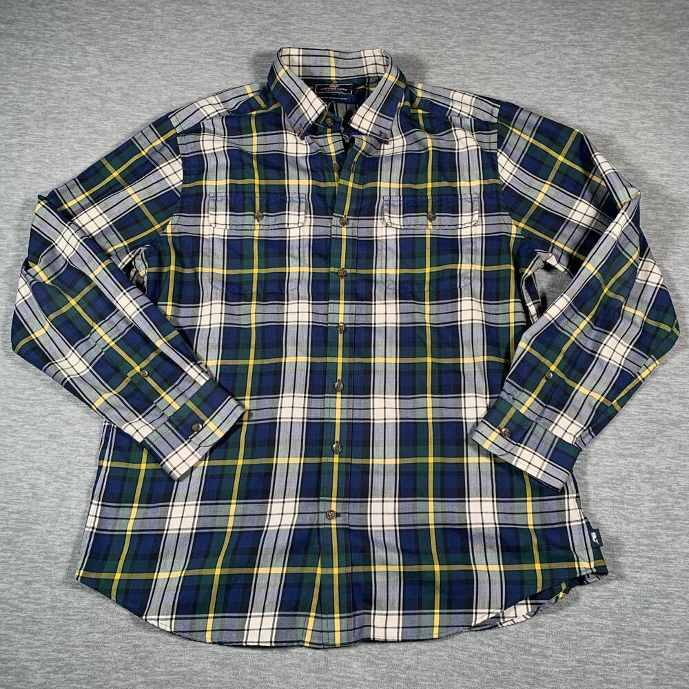 Vineyard Vines Shirt Mens Large Blue Green Plaid Performance Slim Fit Crosby